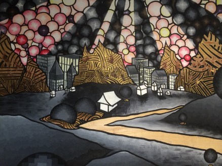 Closeup of houses, center of painting